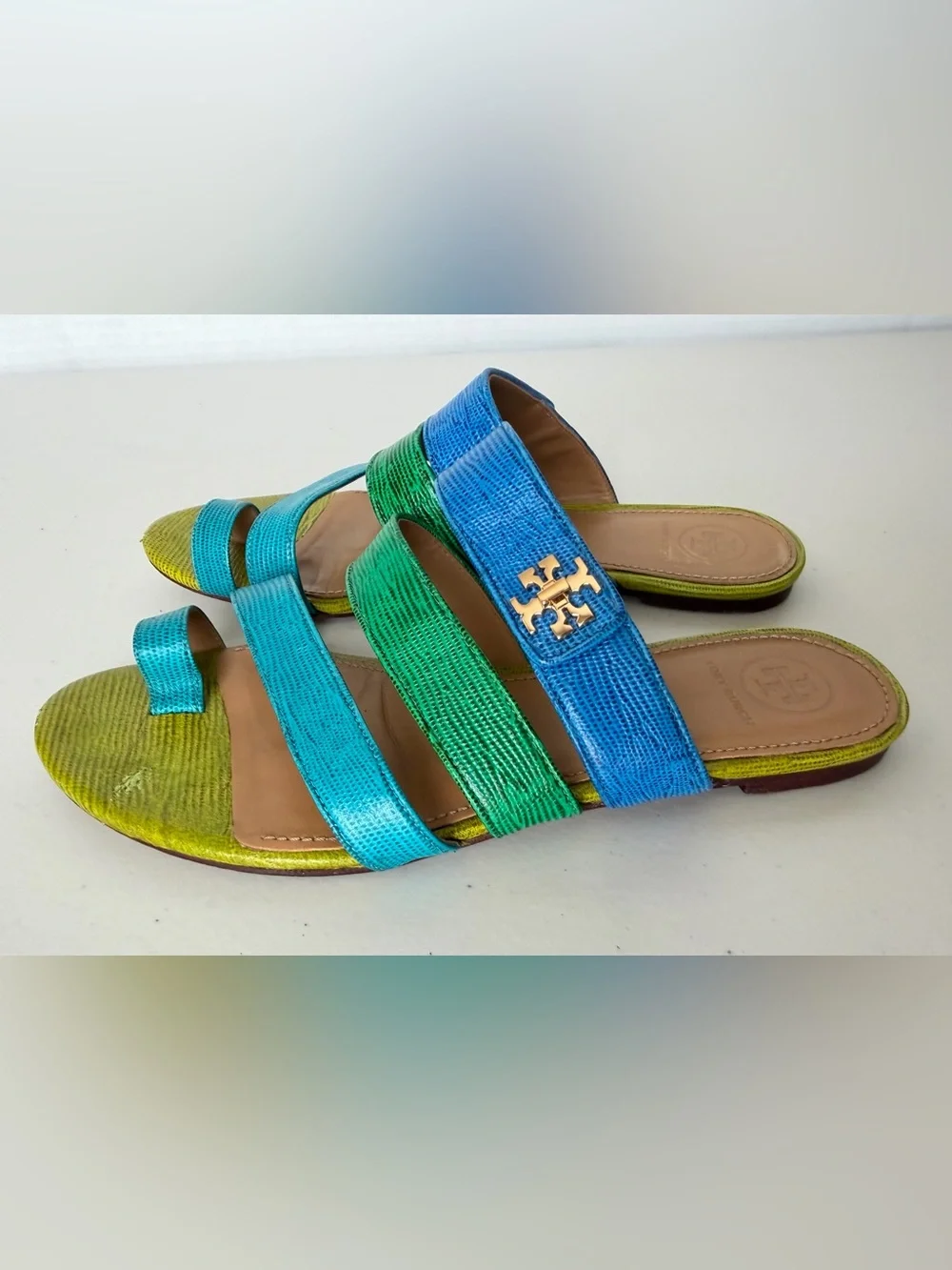 Tory Burch Kira Toe Ring Sandals Blue Green Leather Size 8 M